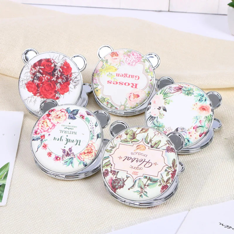 CASHOU157 Mini Retro Makeup Mirror panda Makeup Compact Pocket Flower Mirror Portable Double-Sided Folding Cosmetic Mirror