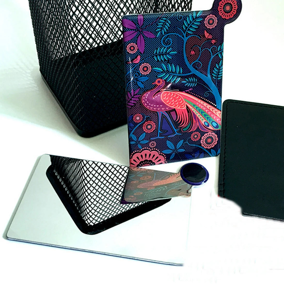 TSHOU544 Cosmetic Stainless Steel Unbreakable Makeup Mirror Shatter-Proof Portable Travel PU Leather Sleeve Pocket Card Mirror