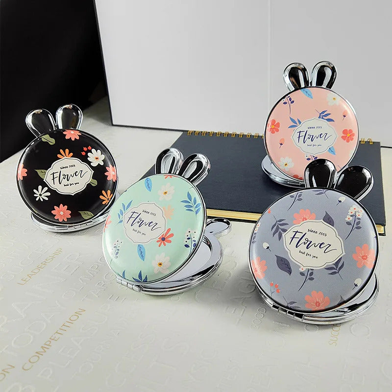 DSHOU259 Flowerr Pattern Portable Double Sided Mirror Rabbit Pocket Makeup Mirror Women Girls Beauty Cosmetic Compact Mirrors