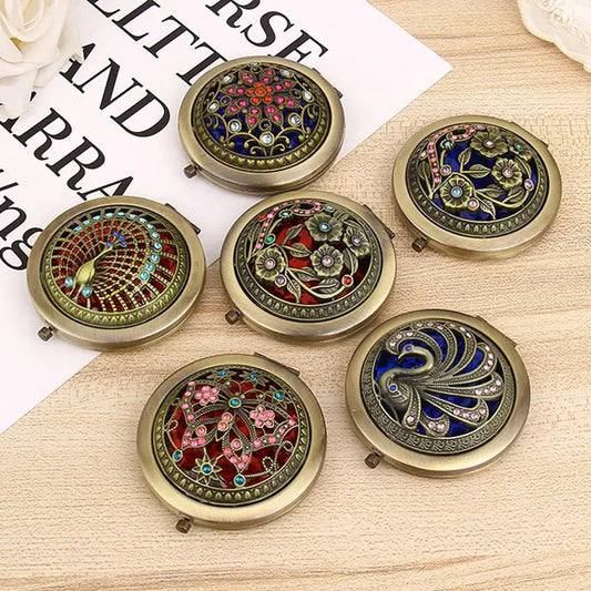 CX407 Makeup Mirror Compact New Cute Folding Pocket Mirror Round Compact Double-sided Vintage Hollow Makeup Mirrors for