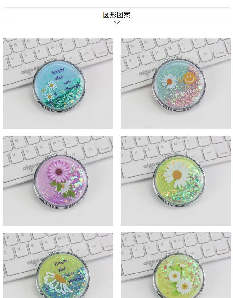 CASHOU137 Double-sided Makeup Mirror Portable Quicksand Sequins Daisy Pattern Cute Girl's Gift Hand Mirror Pocket 2-face Makeup