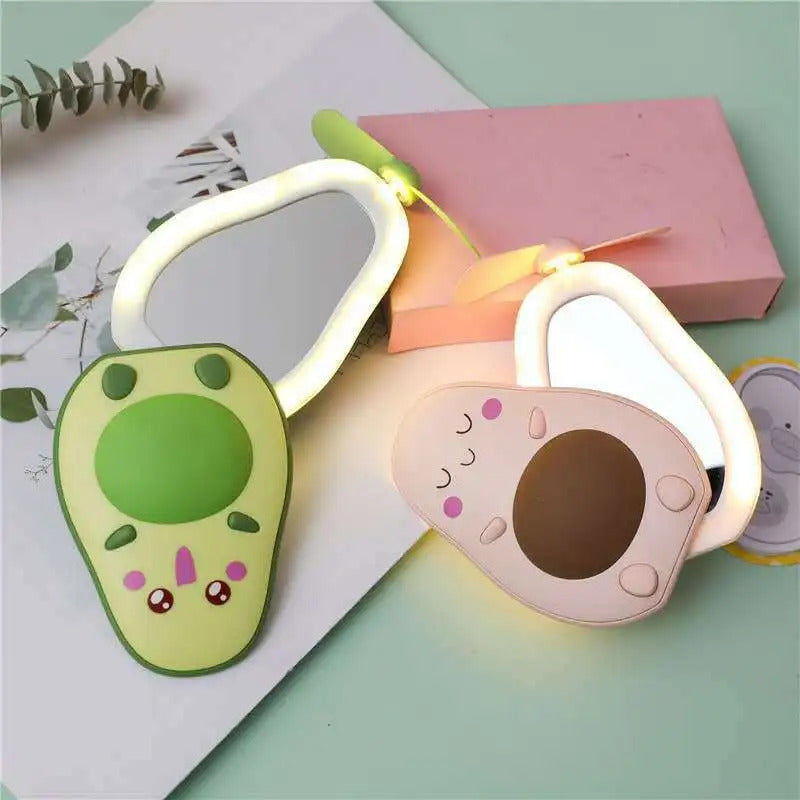TSHOU1043  Makeup Mirror Portable Avocado Shape Handheld Mini Air Cooler Fan with Fill Light Mirror USB Three Way Fill Light Make-up