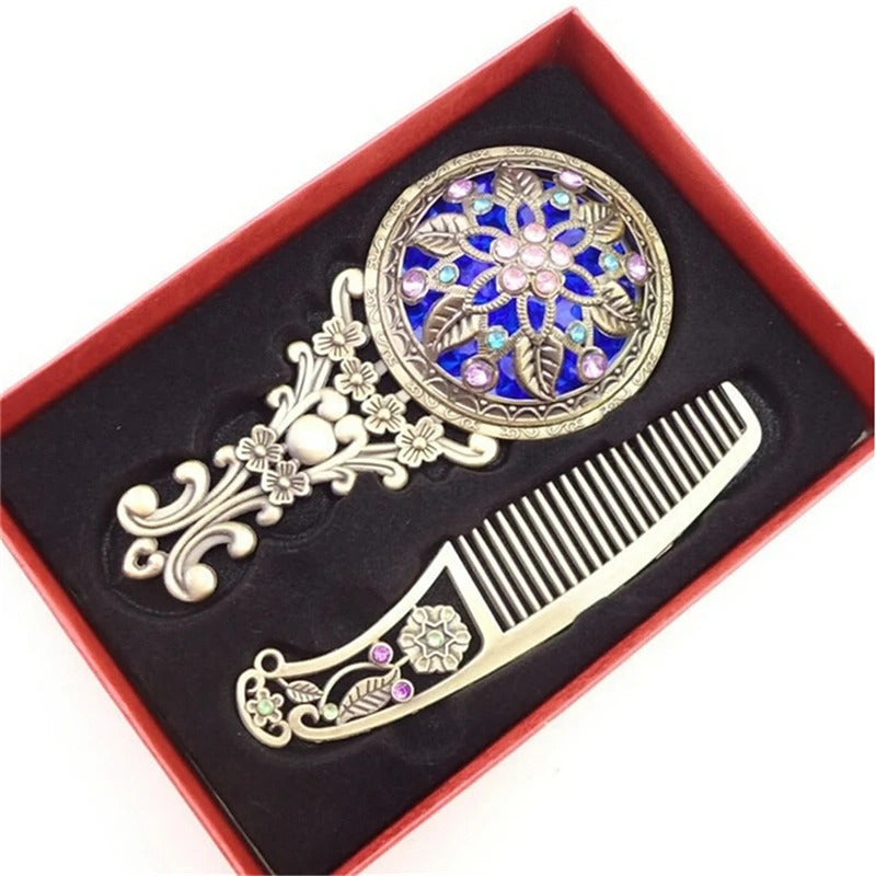 tshou528 Women Chic Retro Vintage pocket Mirror Compact Makeup Mirrors Comb Set Hand Make Up Bronze Hollowed-Out Make Up