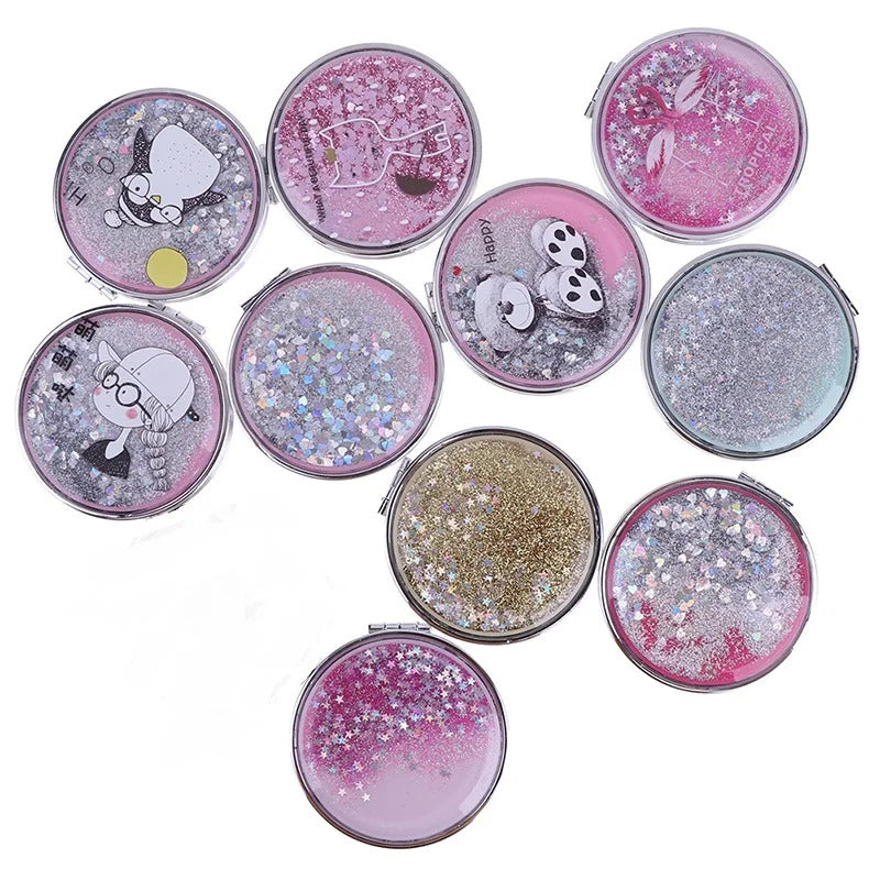 PY97 Compact Pocket Portable Double Sided Folding Cosmetic Mirror Mini Make-Up Mirror With Sparkling Flowing Sand