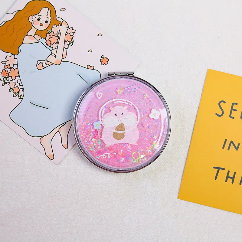 CX305 Portable Double-Sided Folding Cosmetic Mirror Girl Gift Flowing Sparkling Sand Mini Avocado Makeup Mirror Compact
