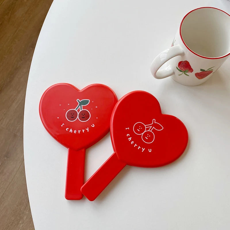 CX202 Lovely Heart-Shaped Red Handheld Mirror Cartoon Cherry Makeup Mirror With Handle
