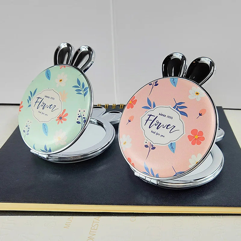 DSHOU259 Flowerr Pattern Portable Double Sided Mirror Rabbit Pocket Makeup Mirror Women Girls Beauty Cosmetic Compact Mirrors