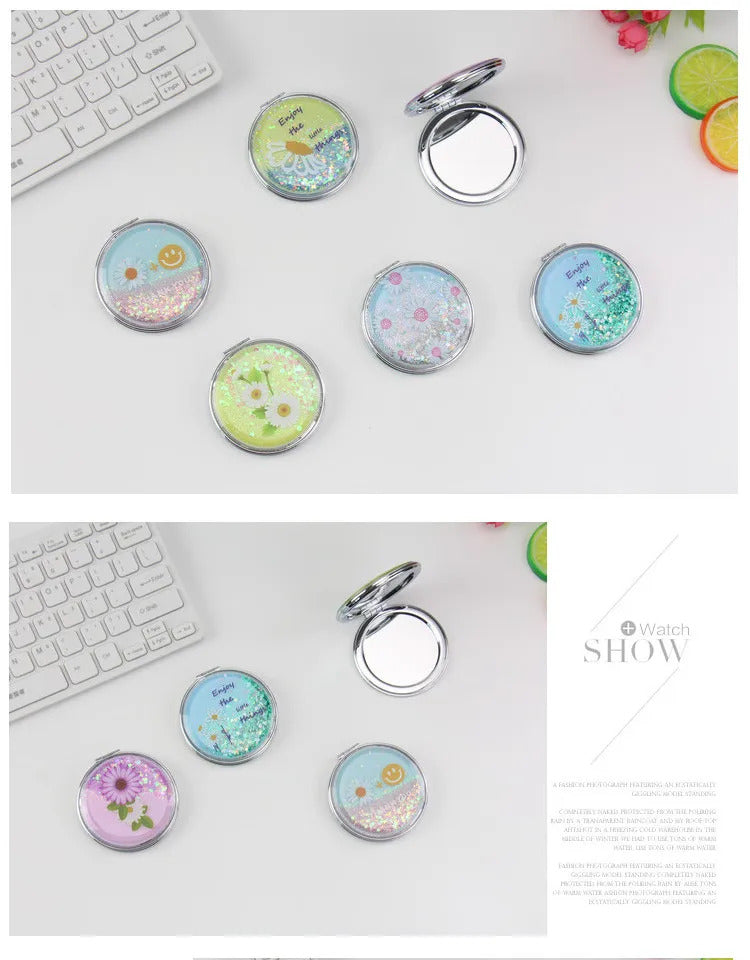 CX311 Double-sided Makeup Mirror Portable Quicksand Sequins Daisy Pattern Cute Girl's Gift Hand Mirror Pocket 2-face Makeup Mirro