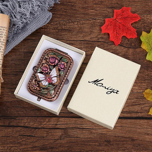 CX175 Folded Pocket Mirror Vintage Hollow-out Carving Rhinestone Mirror with Gift Box Portable Makeup Mirror