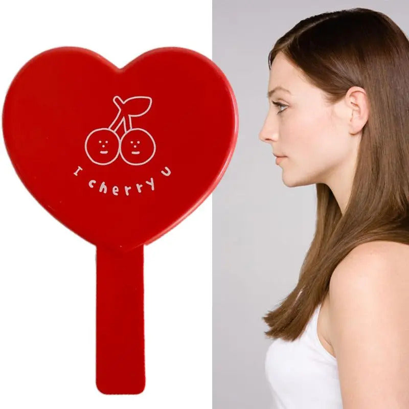 TSHOU979 Lovely Vintage Heart-Shaped Red Handheld Mirror Cartoon Cherry Printed Compact Travel Cosmetic Makeup Tool with Handle