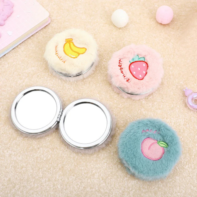 TSHOU667 Women Girls Plush Mini Round Folding Pocket Mirror Cartoon Fruit Animal Embroidery Portable Double Sided Magnifying