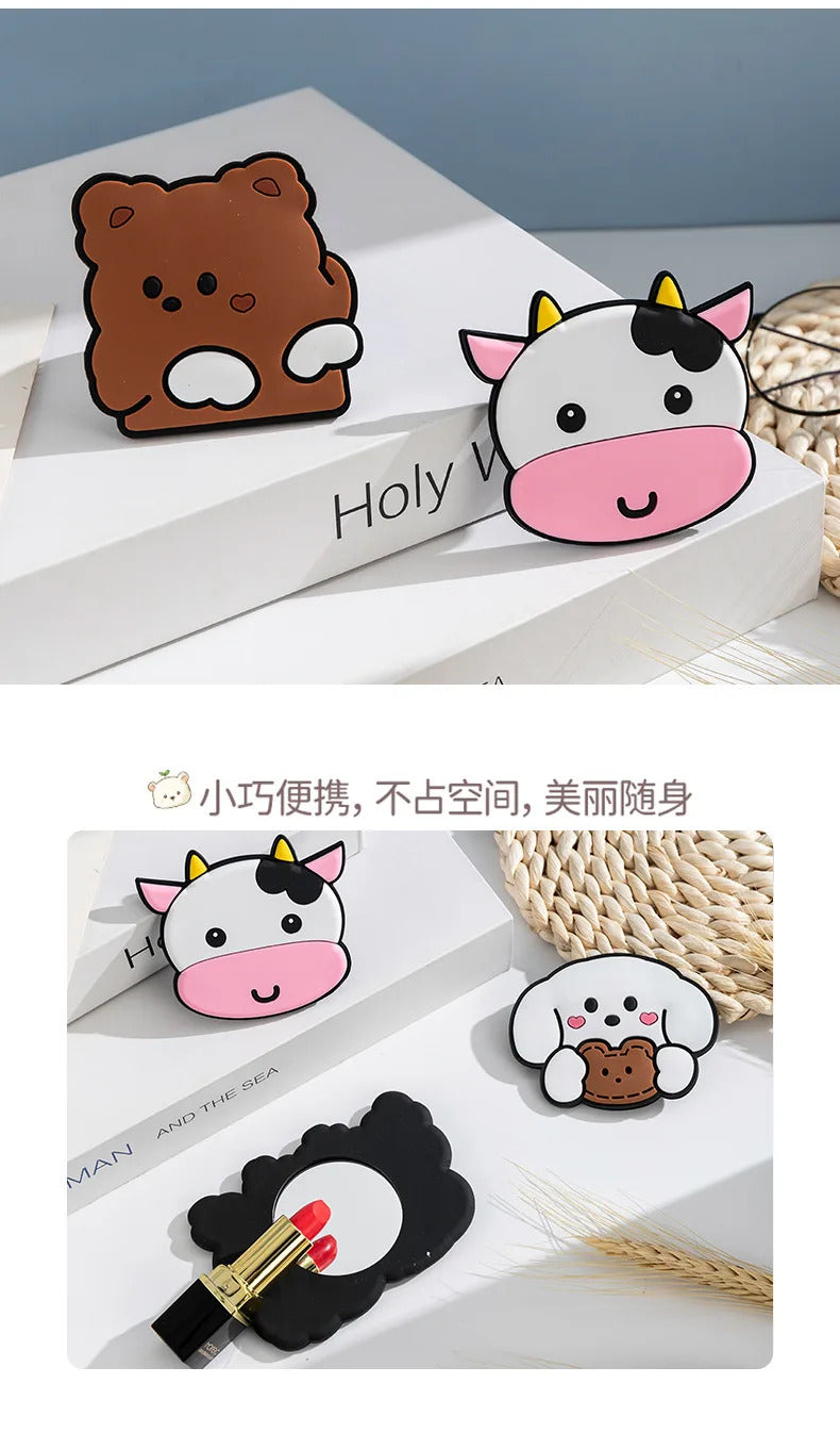 DSHOU183 Portable Cute Mini Mirror Cartoon Little Rabbit Bear Pattern Gift for Little Girls Silicone Purse Mirror