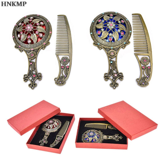 TSHOU990 Women Chic Retro Vintage pocket Mirror Compact Makeup Mirrors Comb Set Hand Make Up Bronze Hollowed-Out Make Up