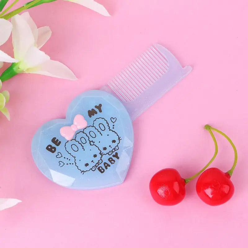 DA14 Folding Hair Brush With Mirror Compact Pocket Size Travel Comb Heart Shaped Gift