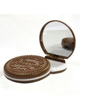 L415 Women Makeup Tool Pocket Mirror Makeup Mirror Mini Dark Brown Cute Chocolate Cookie Shaped With Comb Lady