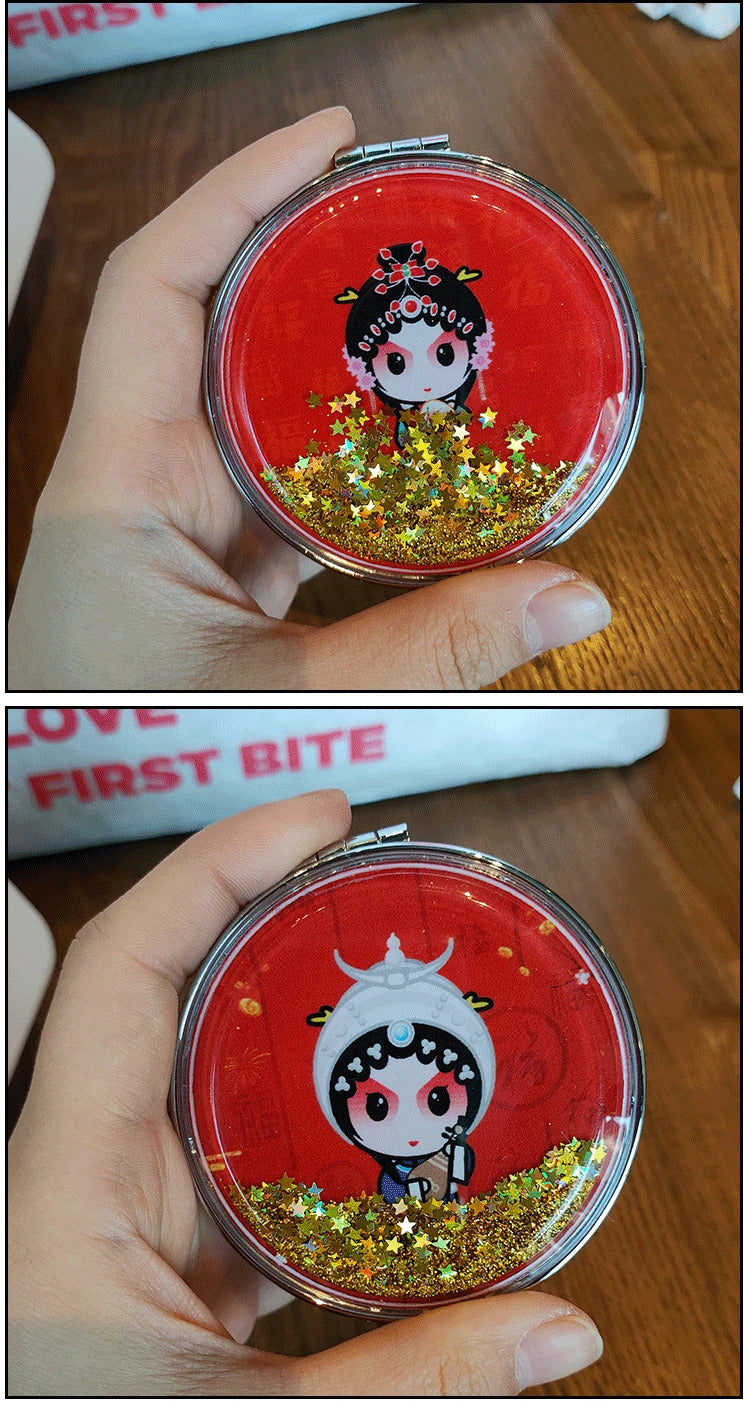 DA15  Makeup Mirror Magnifying Quicksand Sequin Chinese Opera Doll Cartoon Pattern Portable Pocket Mirror Travel Creative Gifts