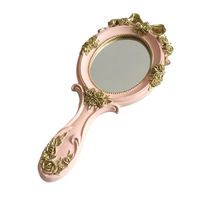 L326 European Style Vintage Handheld Roses Mirror Princess Women Girls Oval Vanity Makeup Cosmetic Tool with Anti-Slip Handle