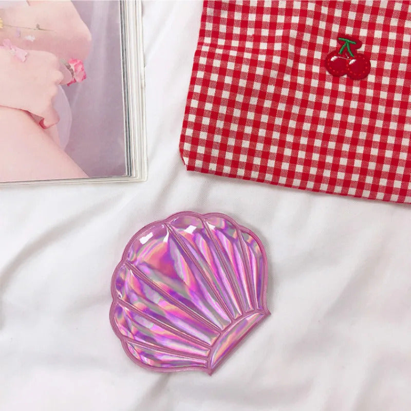 FEN14 New 2X Magnifying Shell Shape Makeup Mirror Portable Makeup Vanity Foldable Laser Pocket Mirror Cosmetic Hand Compact