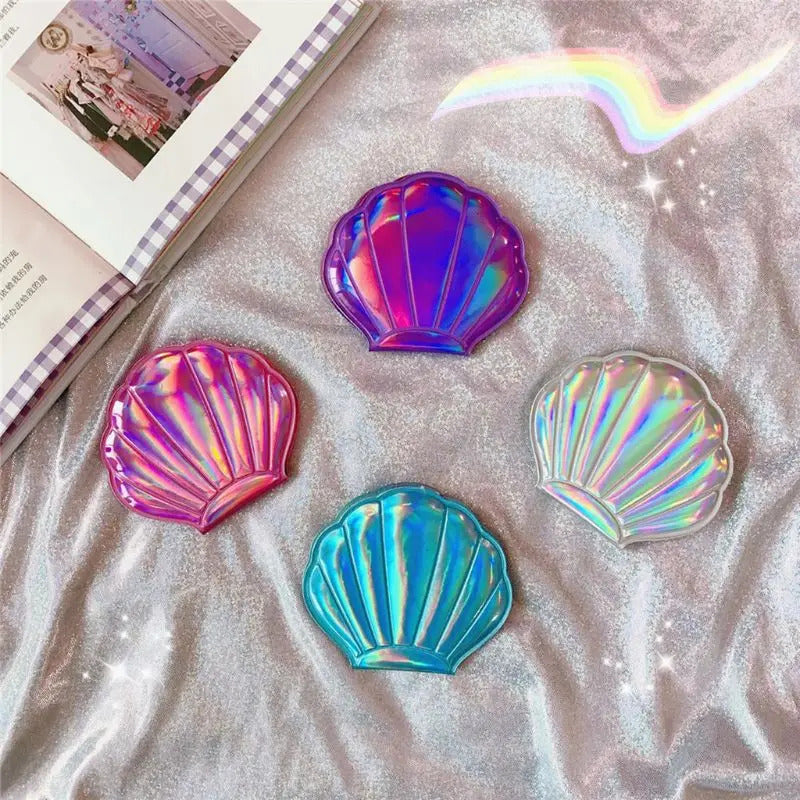 DSHOU262 Creative Shell Shaped Holographic Rainbow Colored Magnifying Compact Cosmetic Double Sided Folding Pocket Mirror