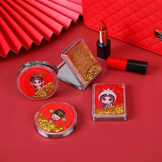 DSHOU185 Makeup Mirror Magnifying Quicksand Sequin Chinese Opera Doll Cartoon Pattern Portable Pocket