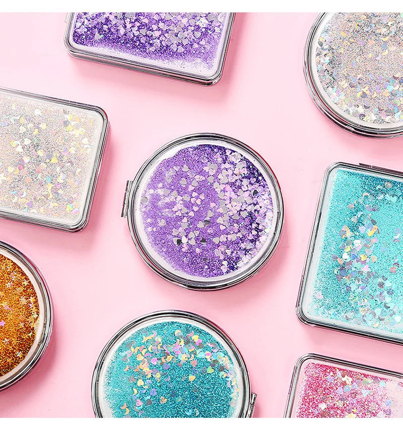 CASHOU158 Double-Sided Folding Cosmetic Mirror Female Gifts With Flowing Sparkling Sand Mini Makeup Mirror Compact Mirrors