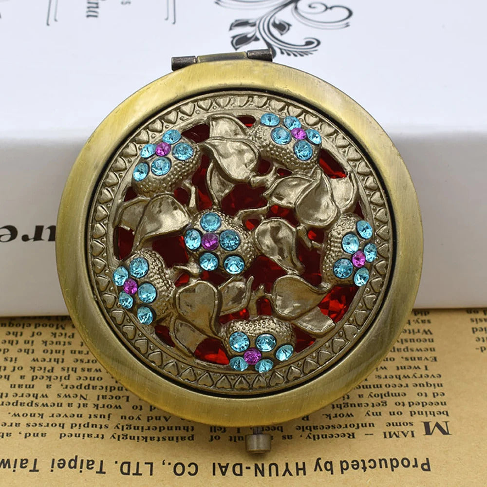 TSHOU875 Foldab Metal Bronze Makeup Mirror Hollow out round  Pocket Mirror Portable Double Sided Retro Style Mirror Makeup Tools