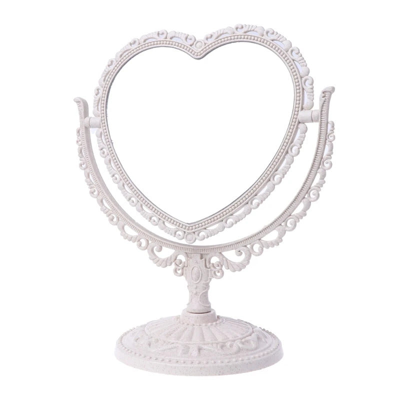 GU446  2Sides Heart-shaped Makeup Mirror Rotatable Stand Table Compact Mirror Dresser U2JD
