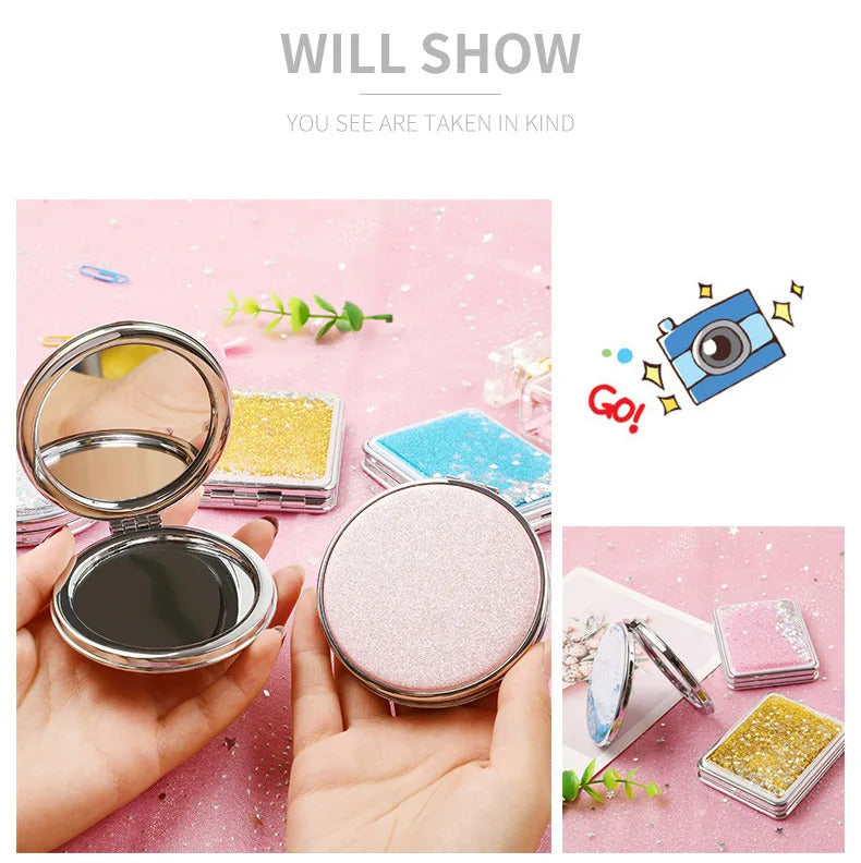 TSHOU809 Fashion 2-Face Mini Pocket Makeup Mirror Creative Cosmetic Compact Mirrors with Flowing Sparkling Sand Can
