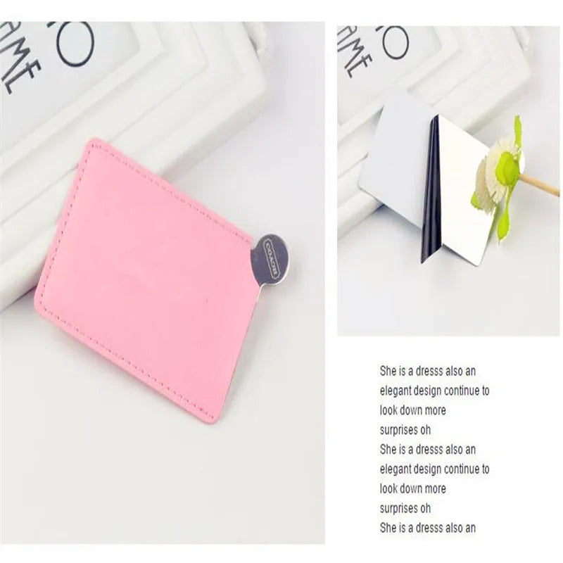 TSHOU683 Portable Mini Shatter Proof Card Style Pocket Cosmetic Mirror PU Leather Cover Stainless Steel Unbreakable Makeup